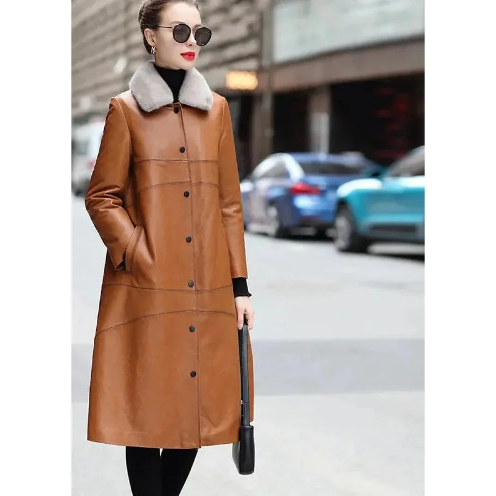 Women's Winter Warm Mink Fur Collar Sheepskin Leather Long Coat