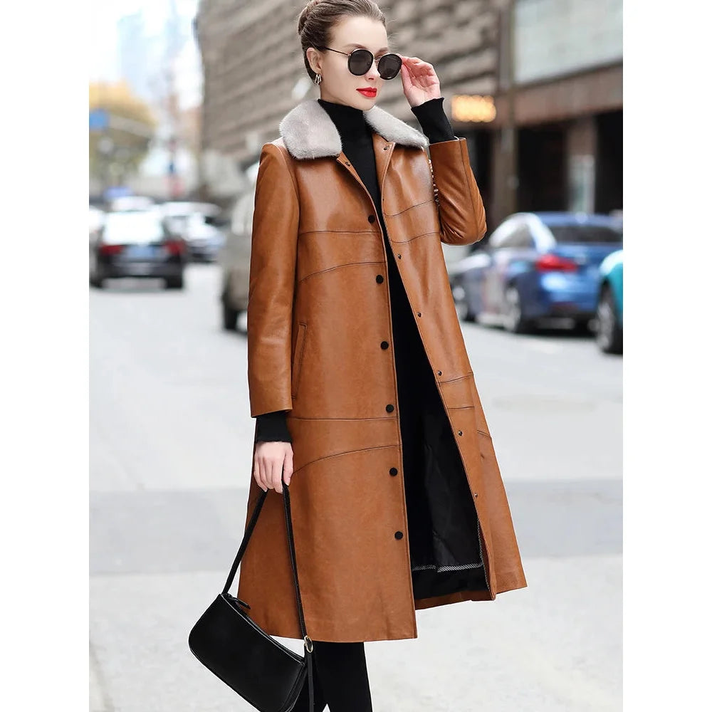 Women's Winter Warm Mink Fur Collar Sheepskin Leather Long Coat