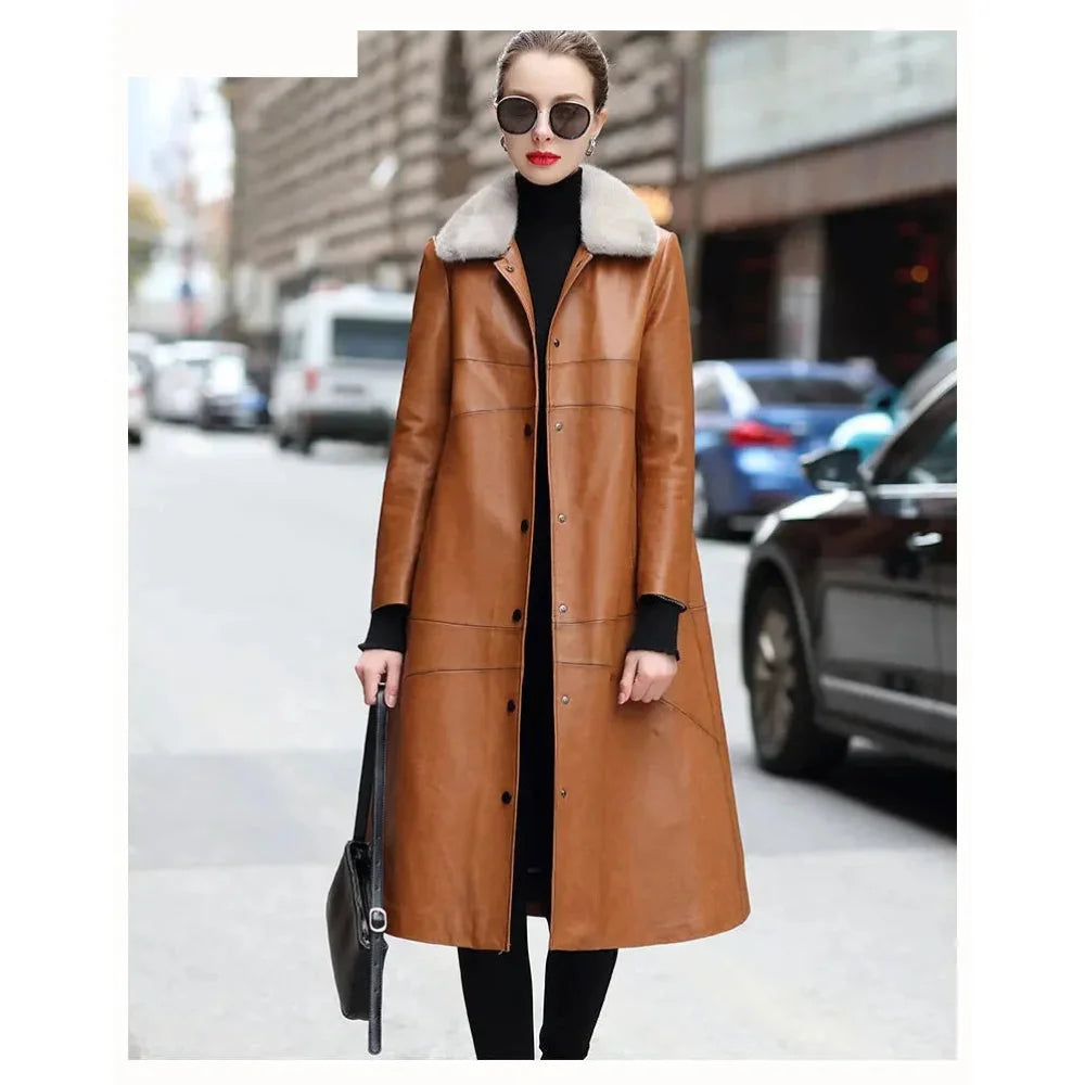 Women's Winter Warm Mink Fur Collar Sheepskin Leather Long Coat