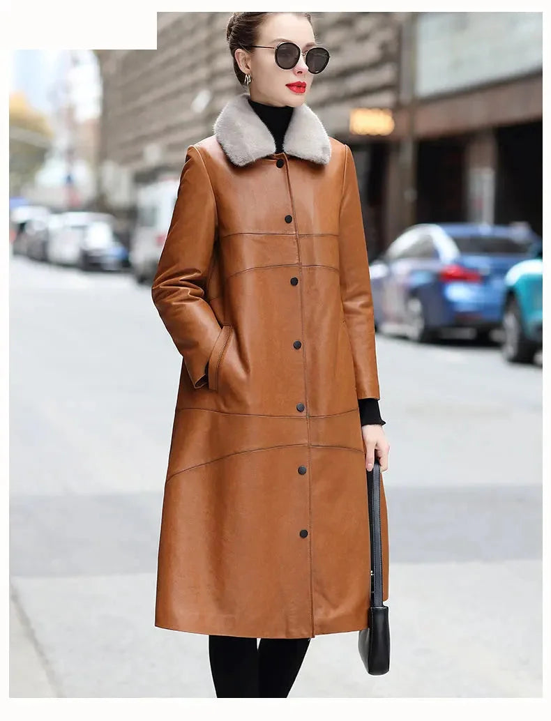 Women's Winter Warm Mink Fur Collar Sheepskin Leather Long Coat