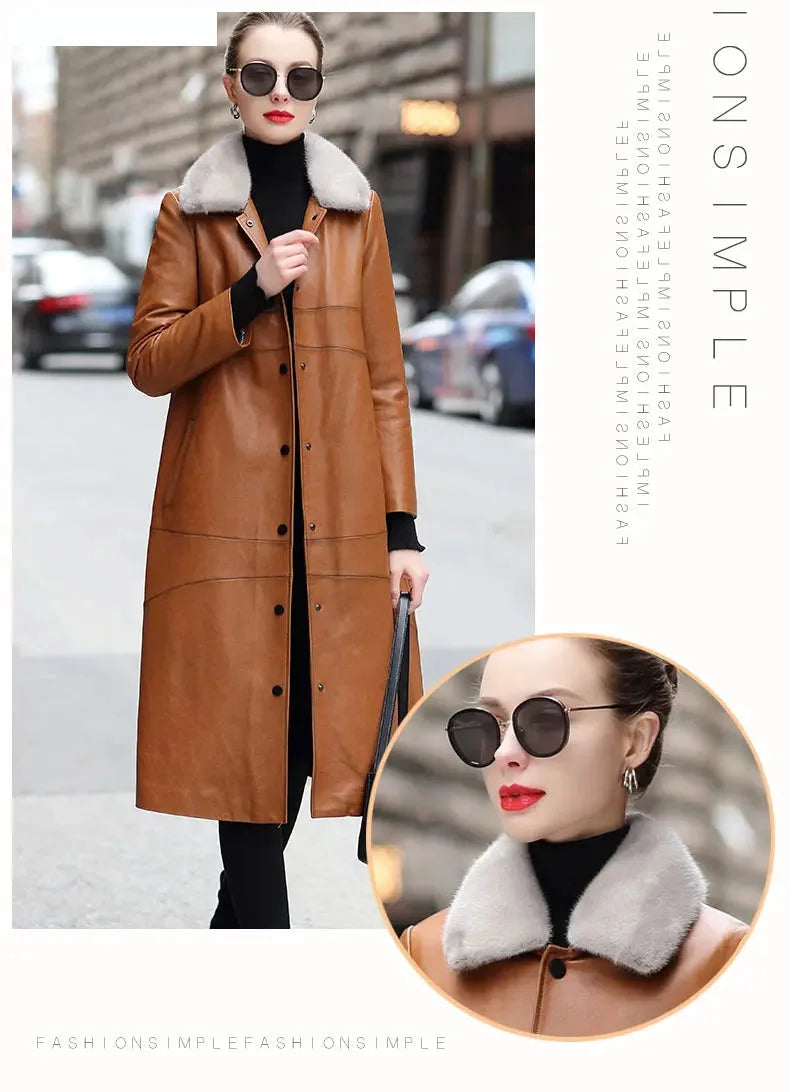 Women's Winter Warm Mink Fur Collar Sheepskin Leather Long Coat