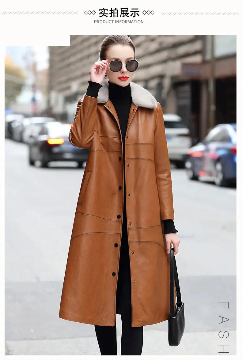 Women's Winter Warm Mink Fur Collar Sheepskin Leather Long Coat