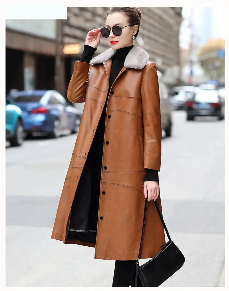 Women's Winter Warm Mink Fur Collar Sheepskin Leather Long Coat