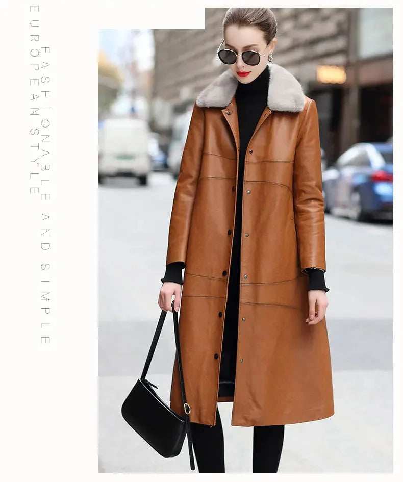 Women's Winter Warm Mink Fur Collar Sheepskin Leather Long Coat