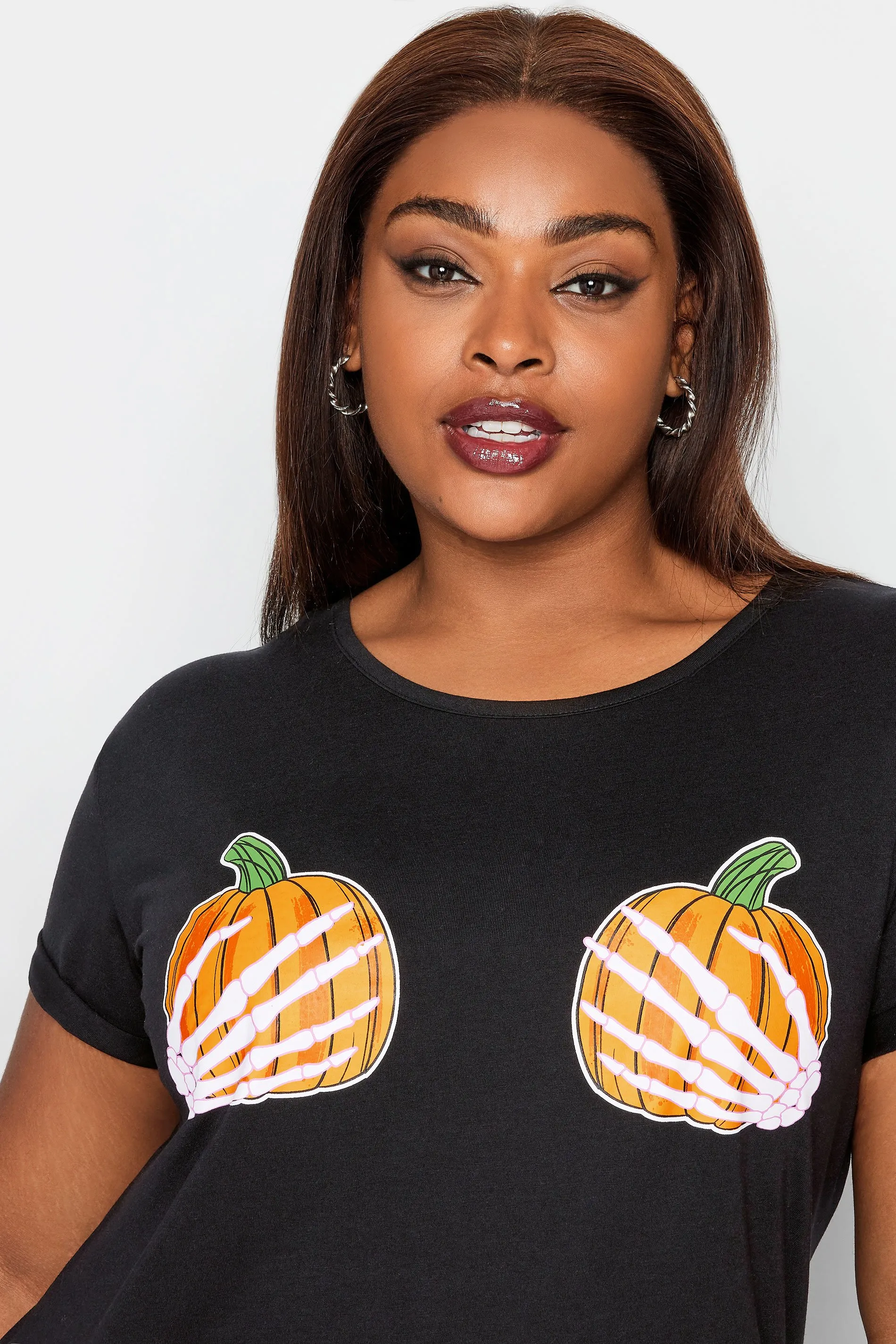 YOURS Curve Black Pumpkin Hands Novelty Halloween T-Shirt