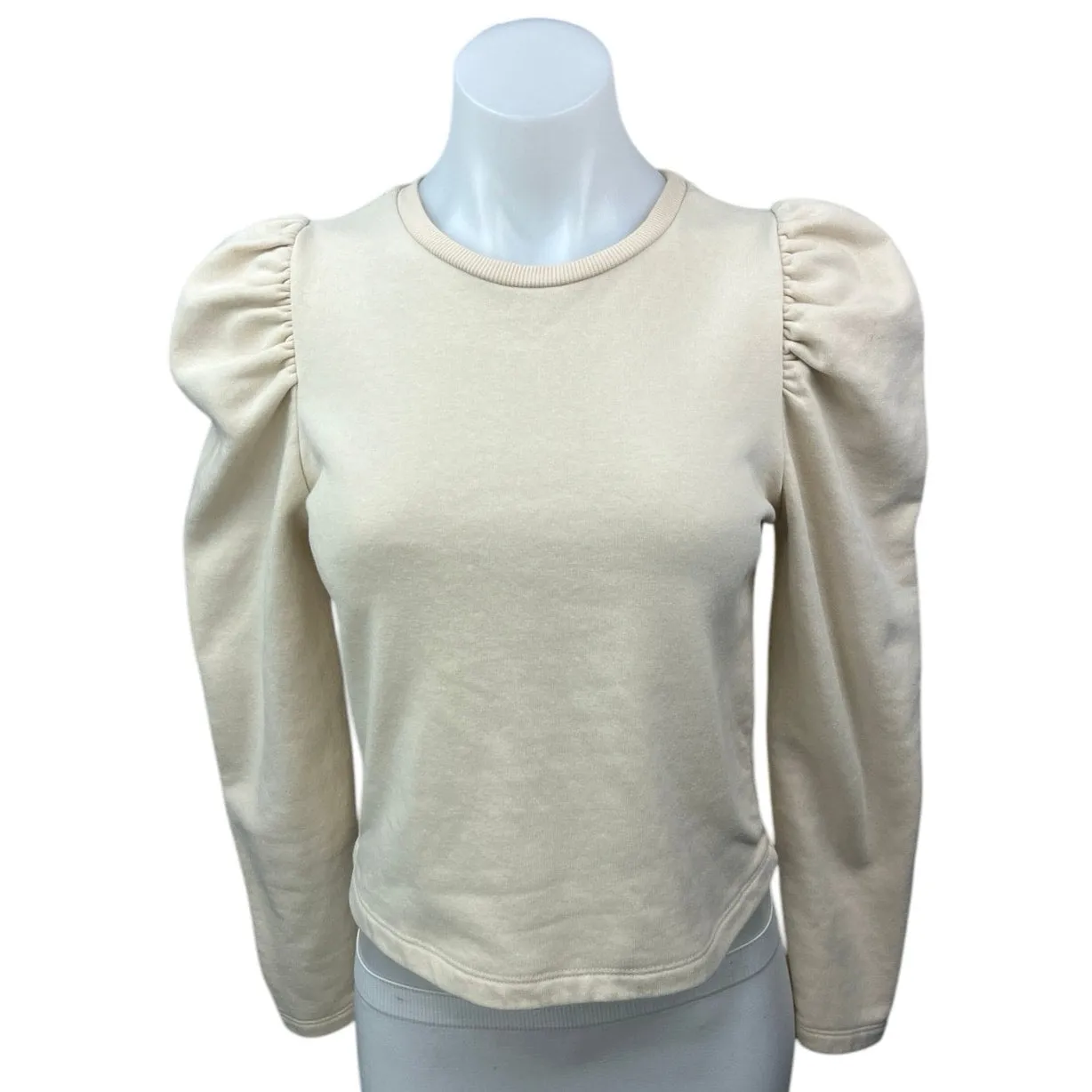 Zara Cream White Knit Puff Long Sleeve Crew Neck Pullover Sweater Blouse Top S