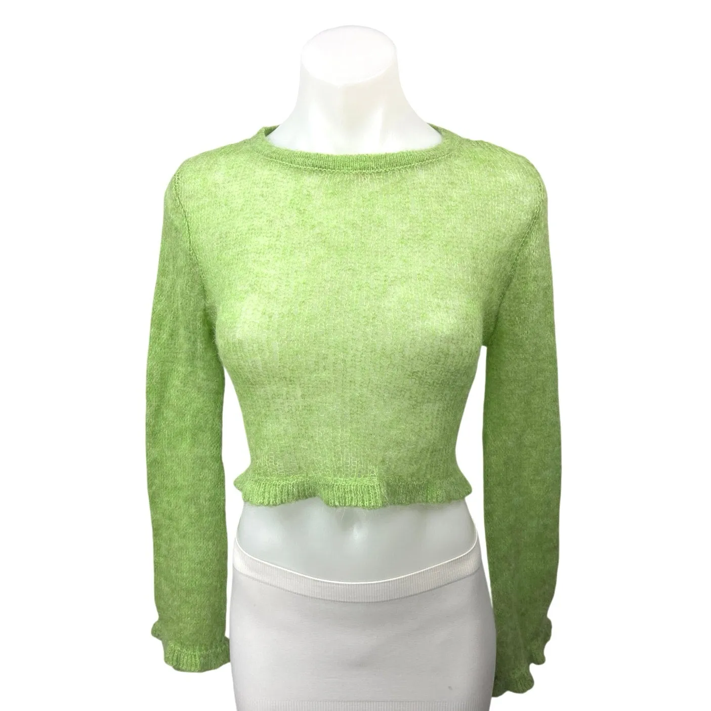 Zara Green Knit Stretch Semi Sheer Crew Neck Cropped Pullover Sweater Top Size M