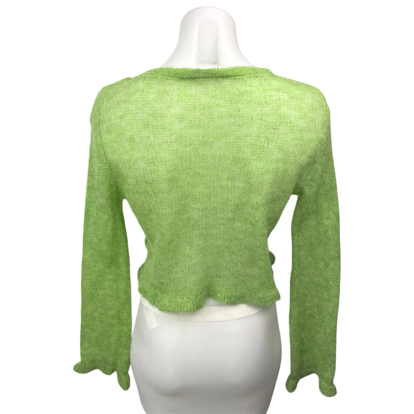 Zara Green Knit Stretch Semi Sheer Crew Neck Cropped Pullover Sweater Top Size M